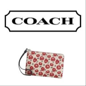 Coach Corner Zip Wristlet Bag W/ Red Floral Print- Designer - NWT